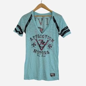 Affliction Motors Live Fast 13 Burnout Lace Sleeve V-Neck Tee Large